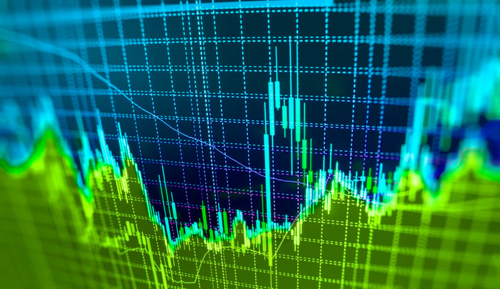 Blue and green stock chart going up and down