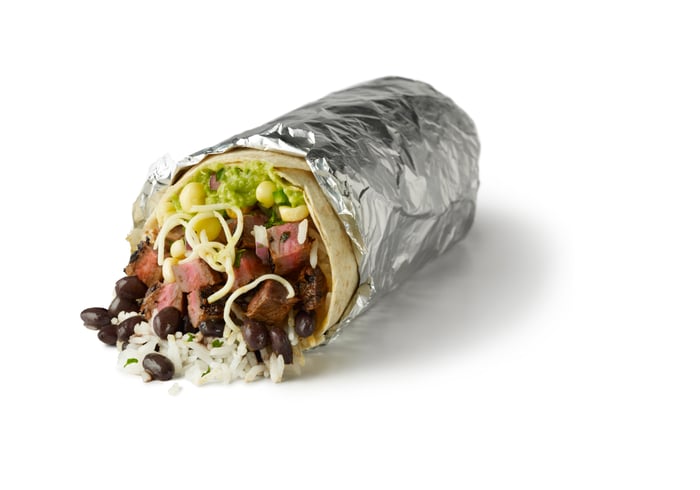 A steak burrito from Chipotle Mexican Grill.