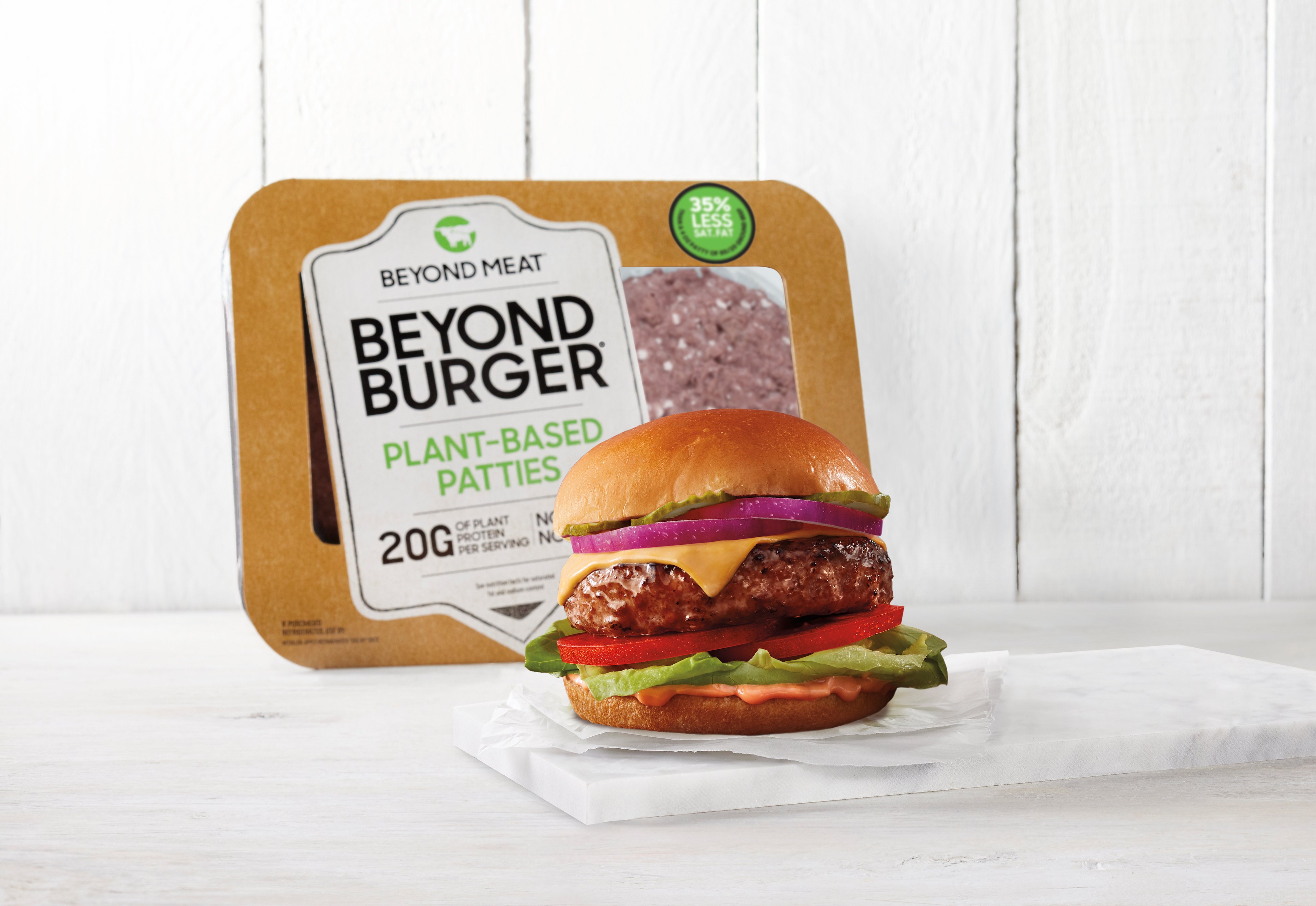 Beyond Burger package and cooked cheeseburger