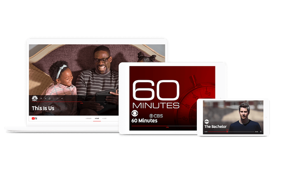 YouTube TV interface displayed on on a laptop, tablet, and smartphone.
