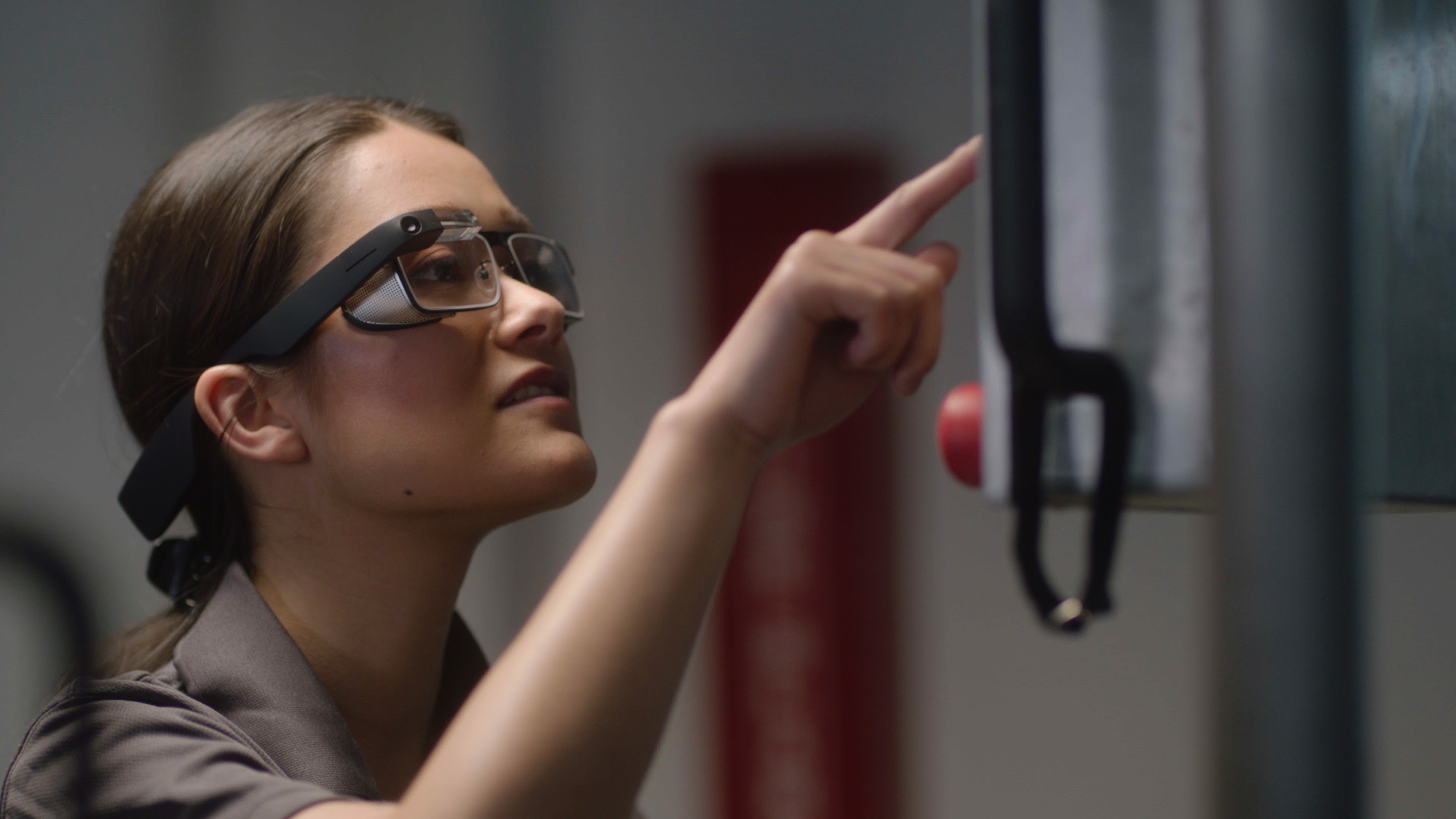 A woman wearing the second enterprise-oriented version of Google Glass.