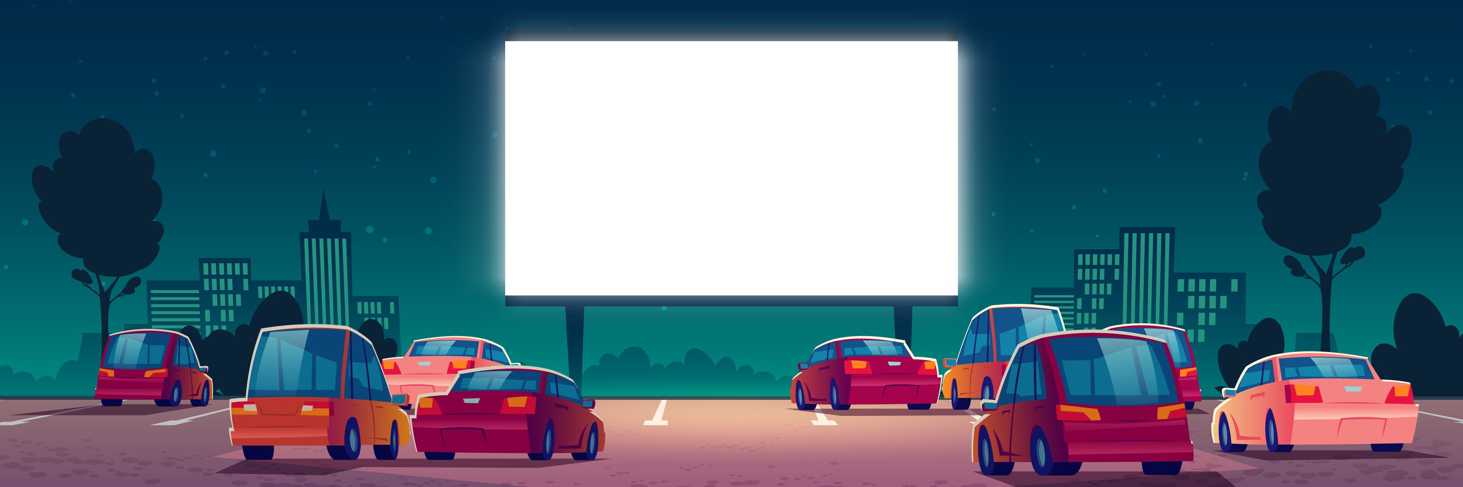 cartoon drawing of cars at drive-in theater