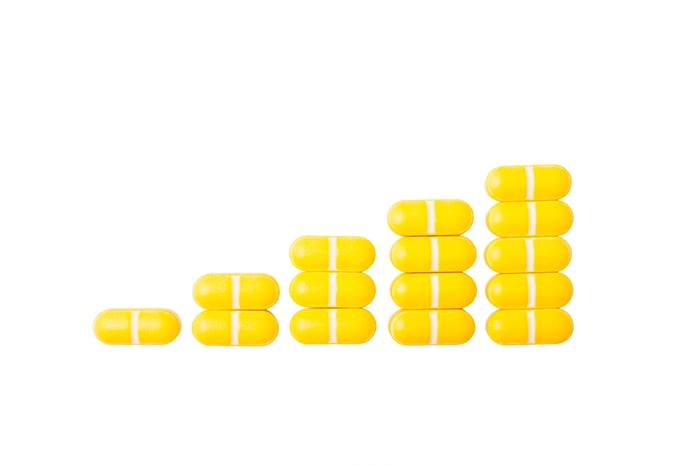 Stacks of yellow pills in the form of a rising bar graph.