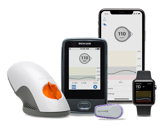 Device, readout, smartphone, and watch all showing blood sugar monitoring.