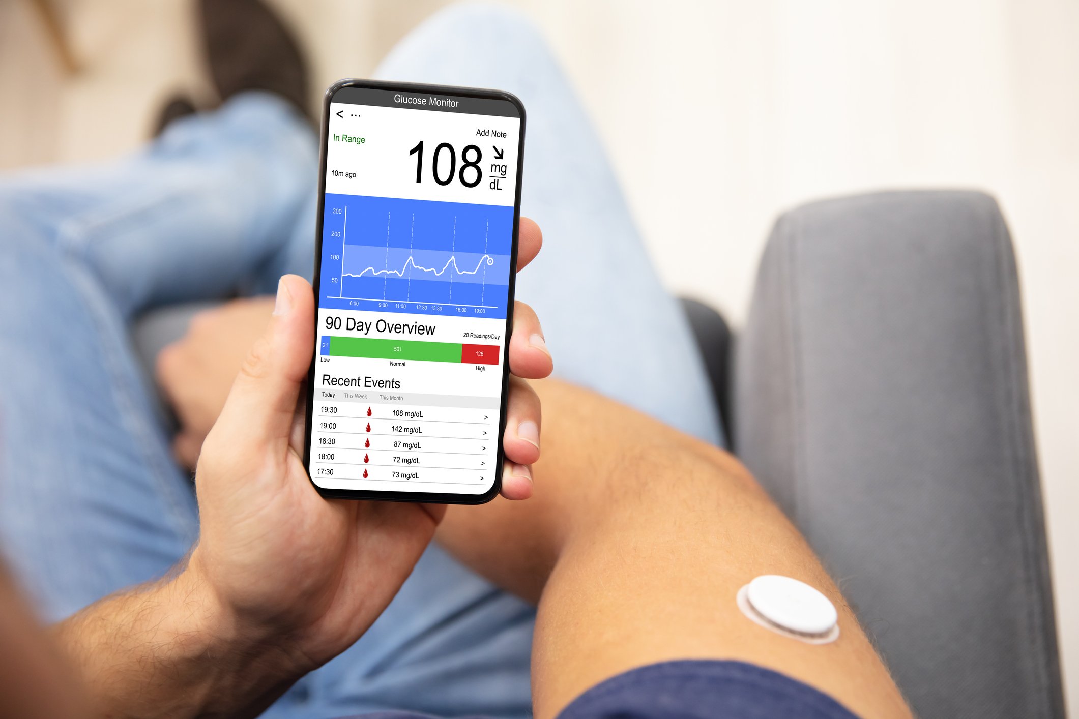 Man looking at blood sugar level on smartphone