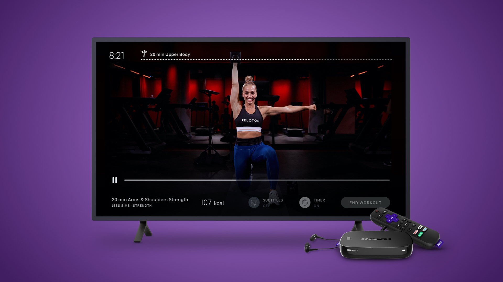 A Roku TV playing a Peloton workout.