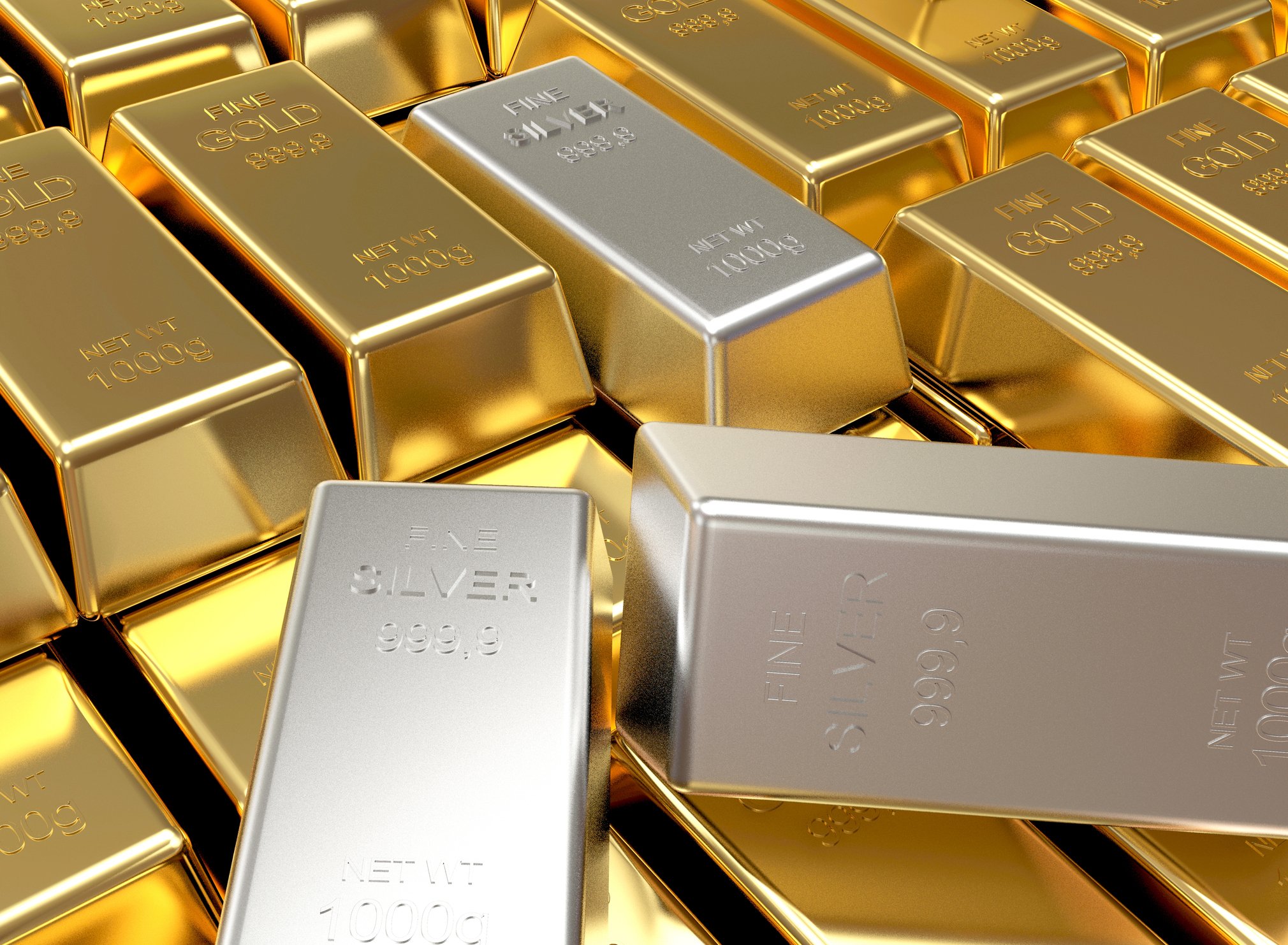 Stacks of gold and silver bars.