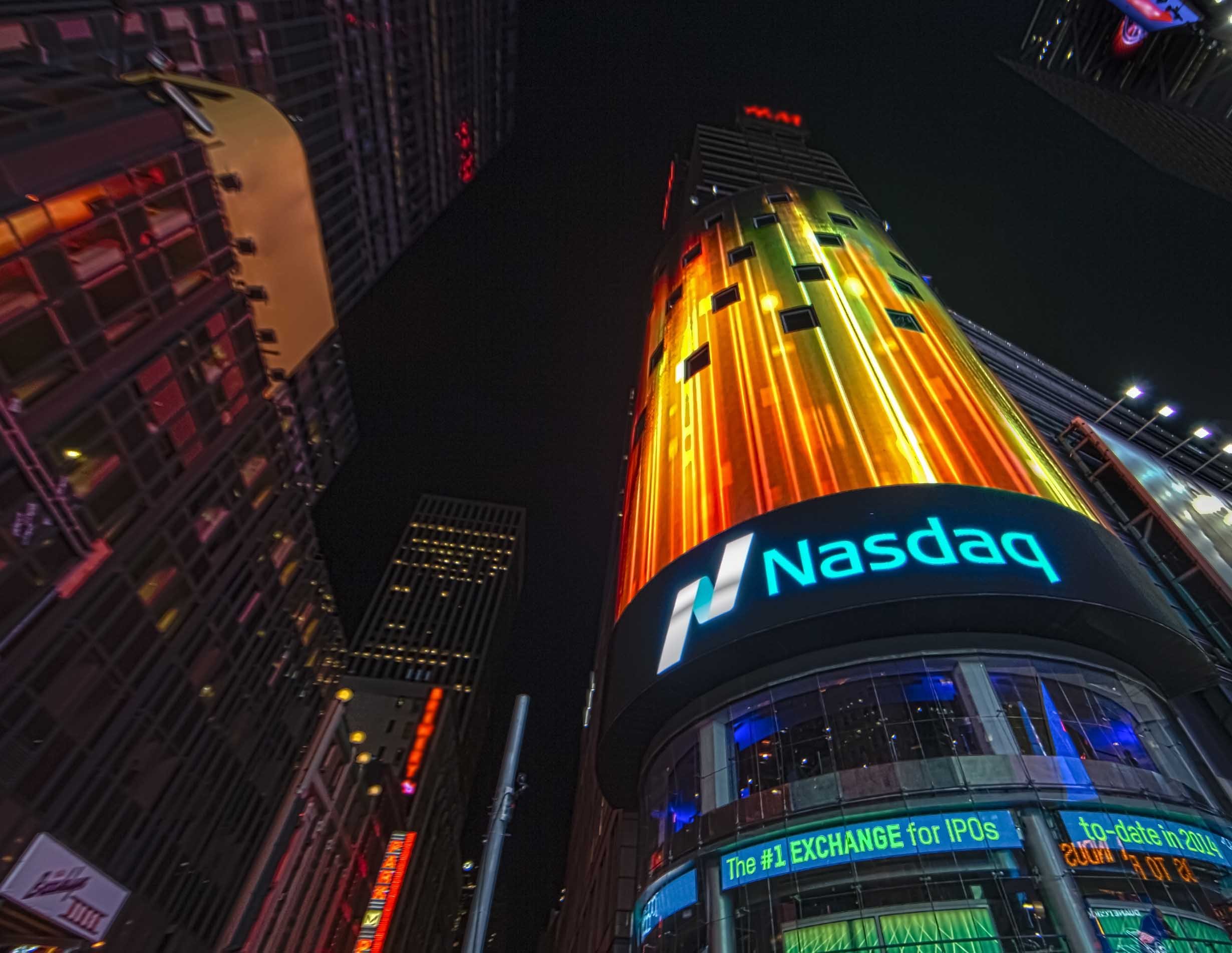 Ground view of Nasdaq building in Times Square, New York.