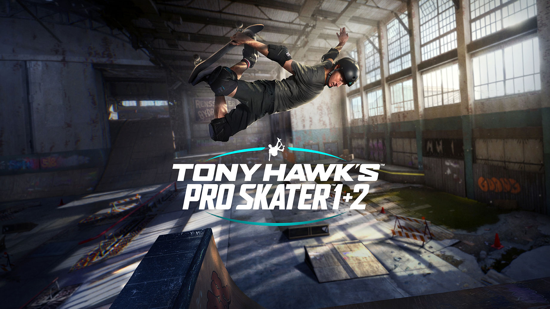 Tony Hawk doing a skateboard trick and the logo for 'Tony Hawk's Pro Skater 1+2.'