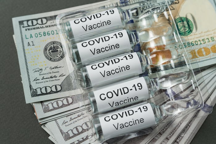 Vials of COVID-19 vaccine rest on top of $100 bills.