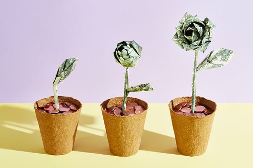 Three flowers made of dollar bills in a row