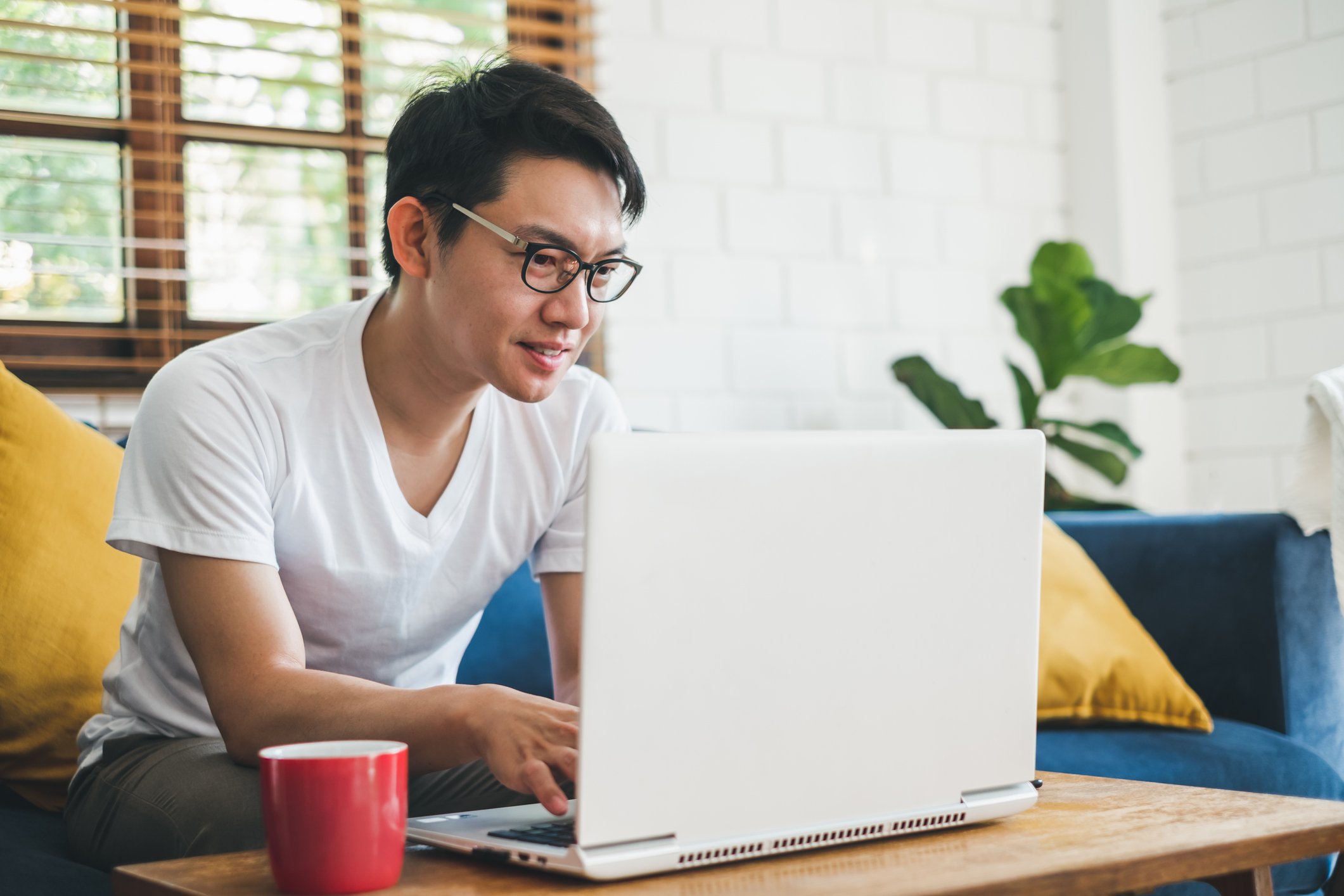 A young man, sitting on a couch, shops online using his laptop.