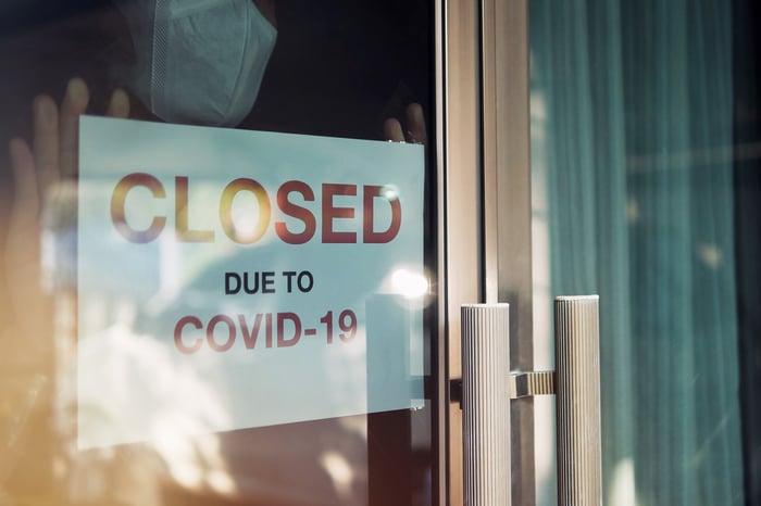 A sign in a store window that says "Closed Due to COVID-19."