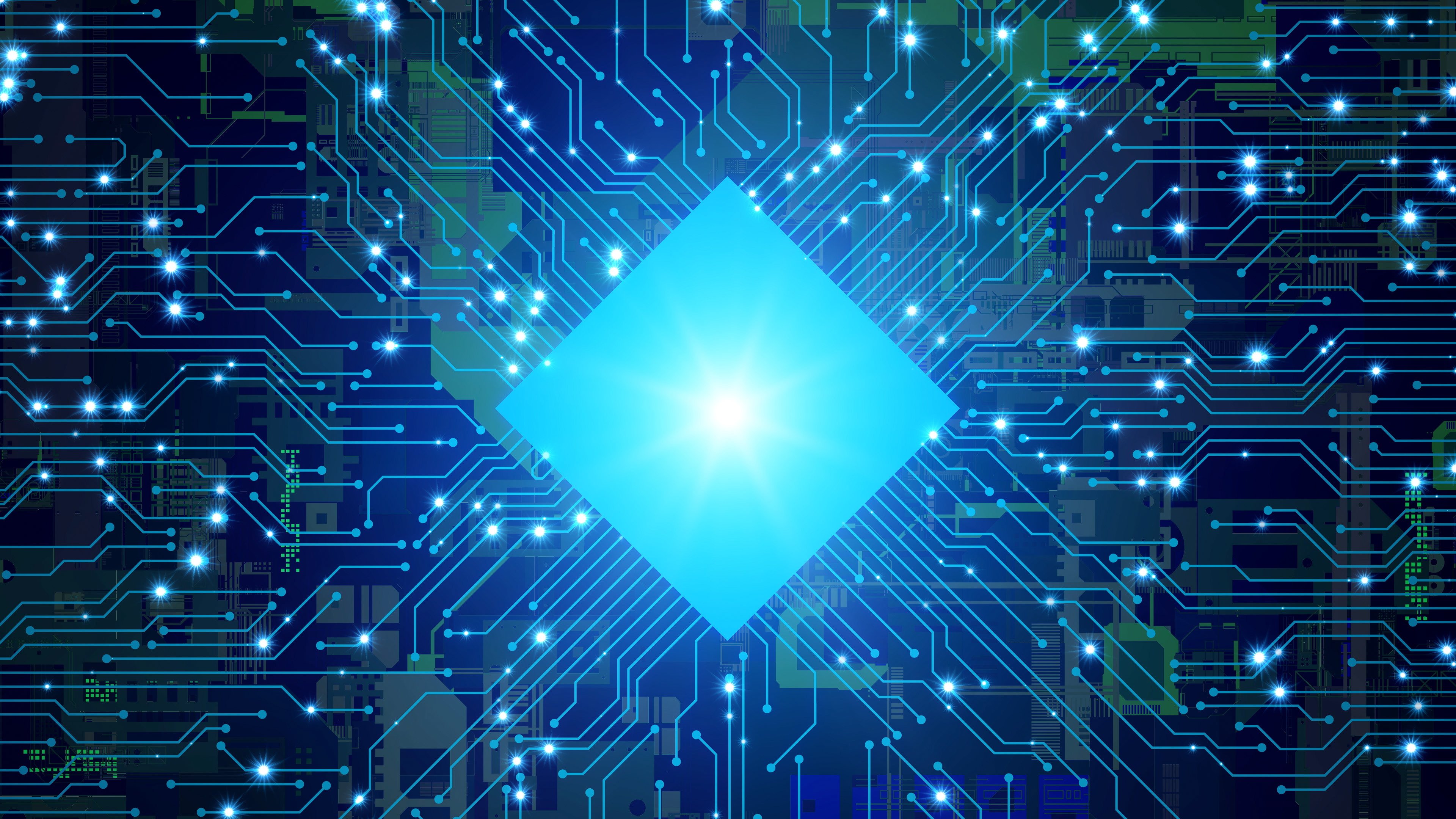 A central processing unit lit up in blue on an animated circuit board. 