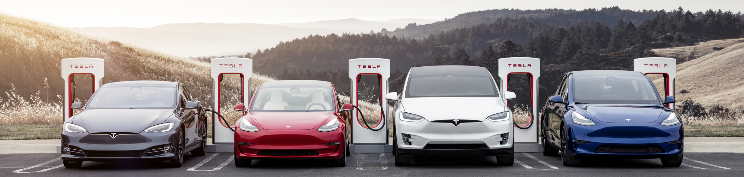 Several Tesla vehicles at a charging station.