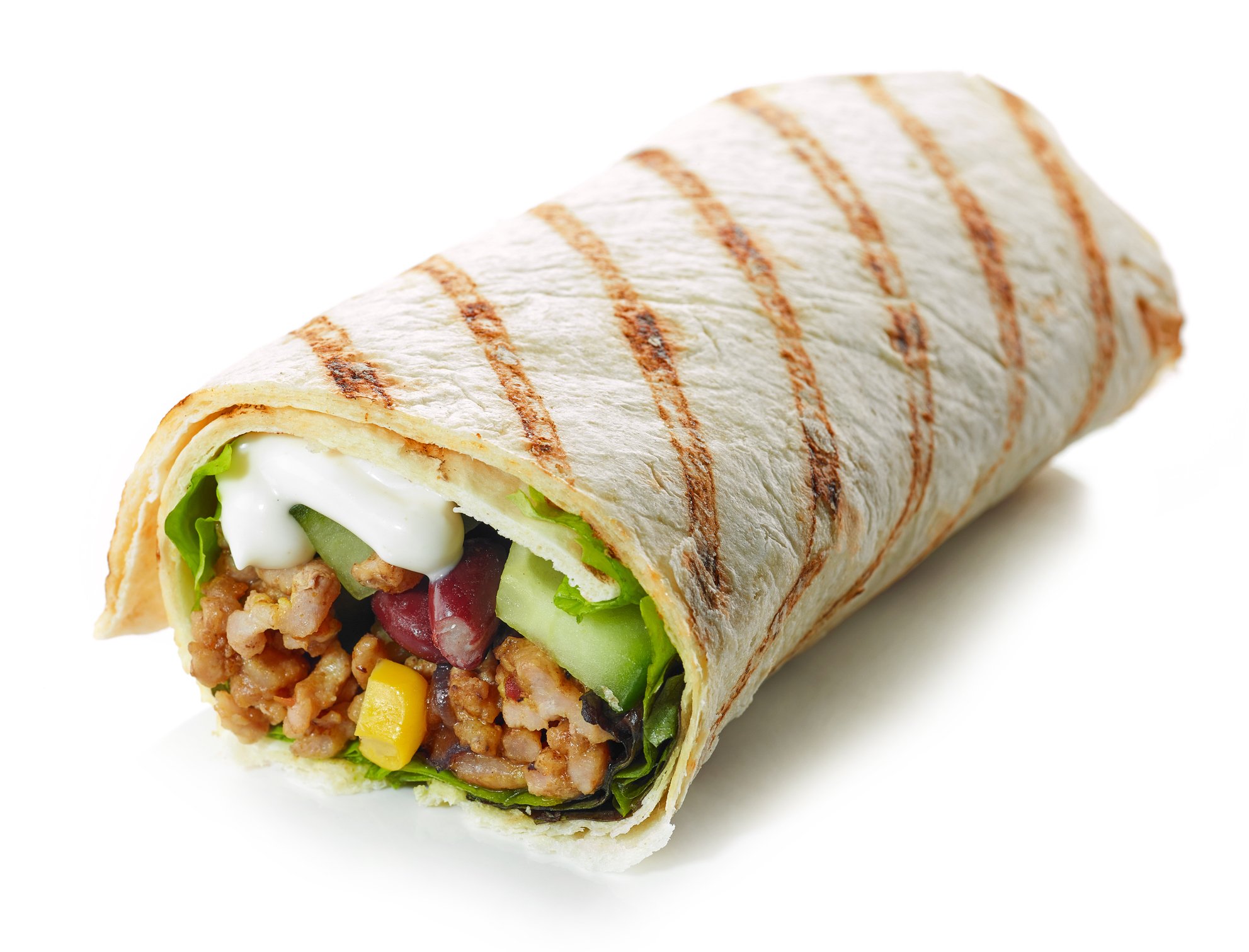 Half a burrito with meat, vegetables, rice, and sour cream.