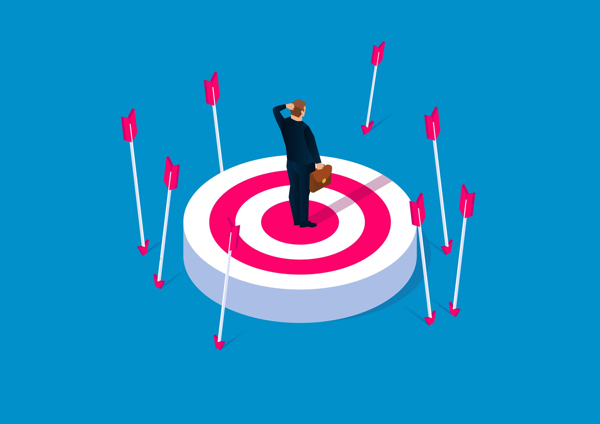 Businessman standing in the center of a target surrounded by arrows that missed their mark. 