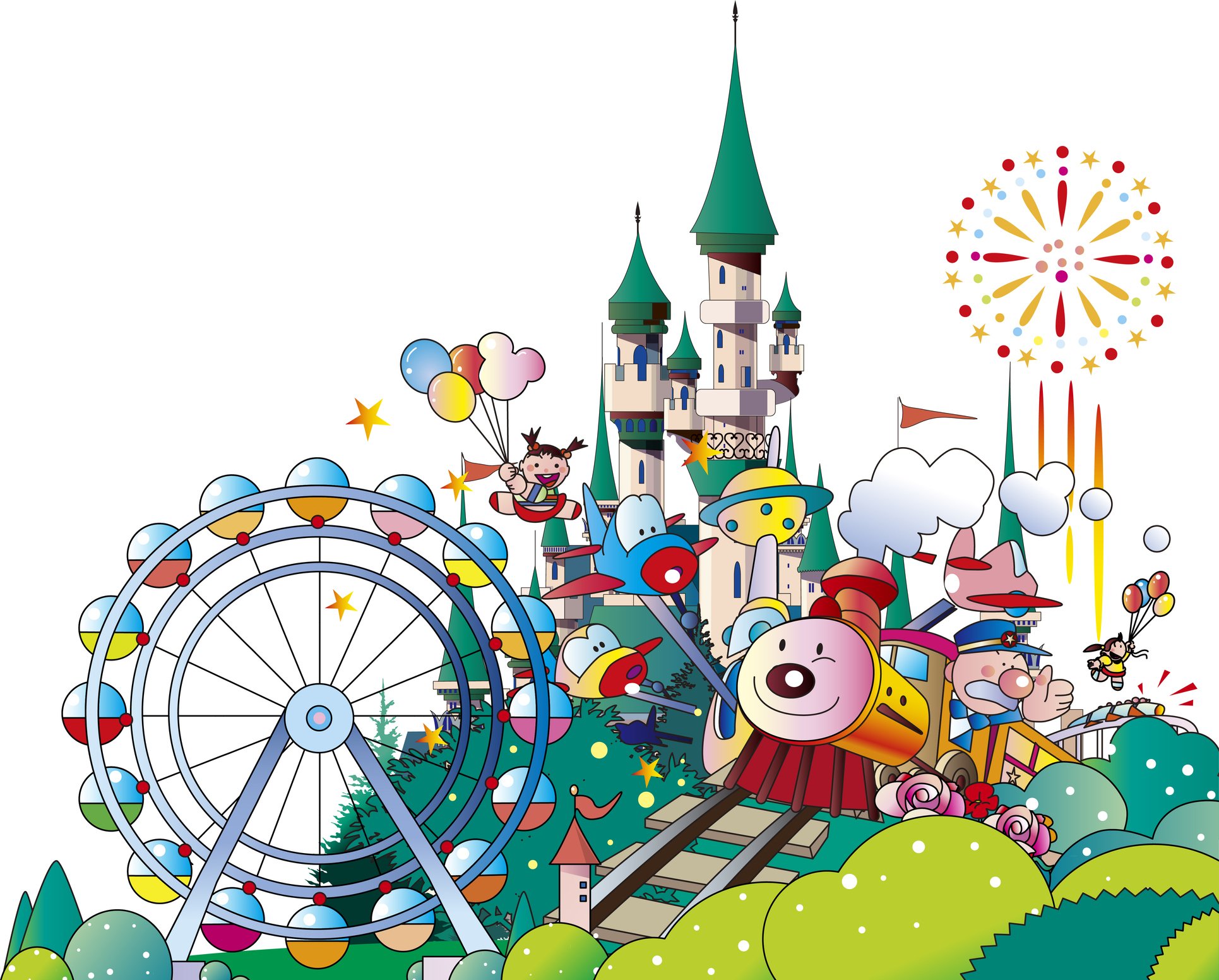drawing of theme park with rides and a castle