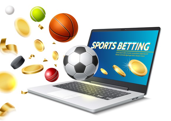 laptop showing "sports betting" with game balls and pucks hovering over