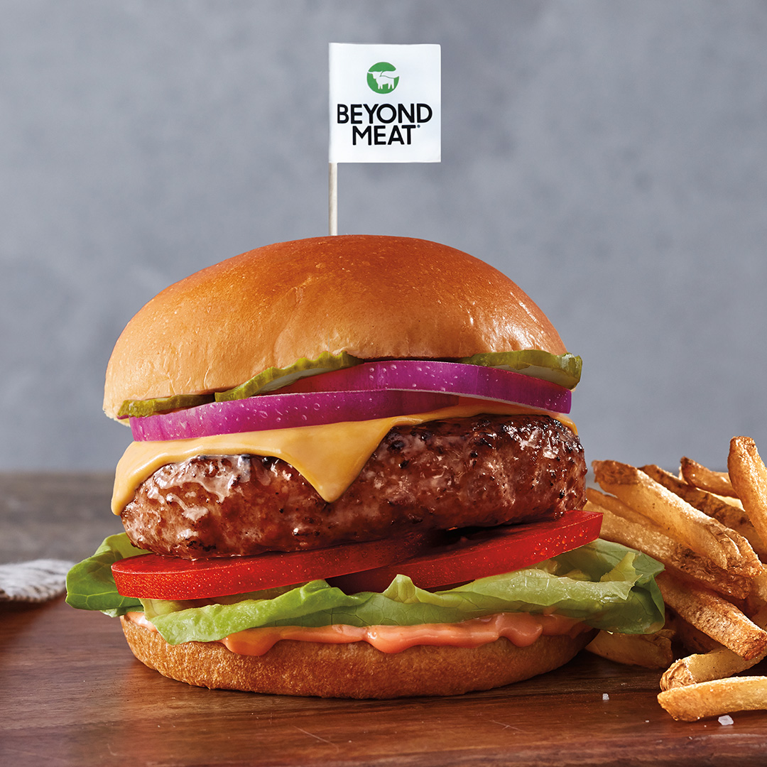 A Beyond Meat Beyond Burger sitting on a table.