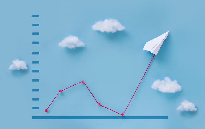 A paper plane draws up a line chart showing a steep drop and a fantastic rebound.