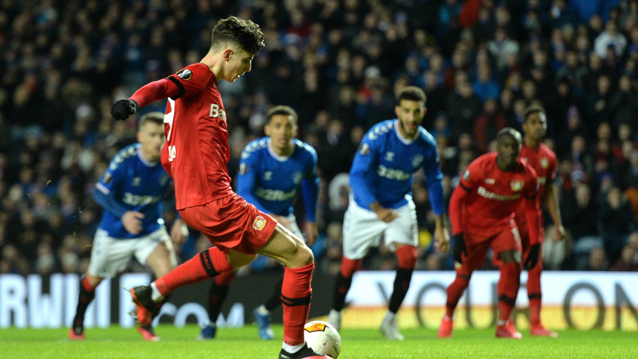 Shot from the pitch of Rangers vs. Leverkusen in a recent UEFA match.