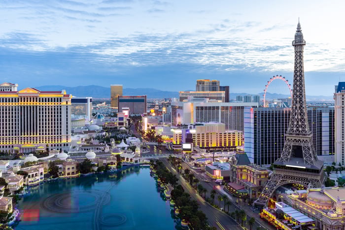 View of the Las Vegas Strip facing north at sunset. 