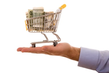 Small shopping cart full of cash on top of palm