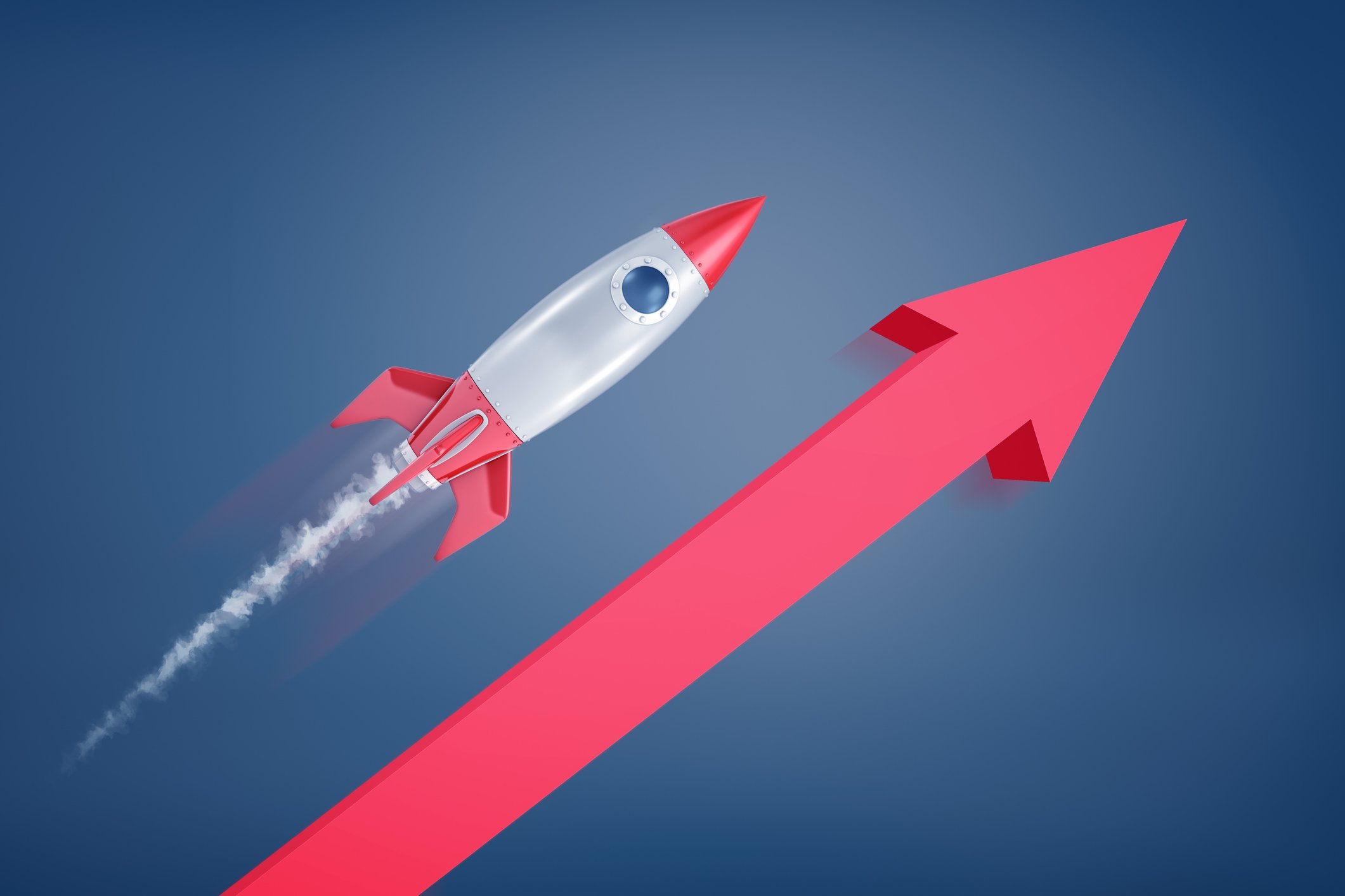 Rocket flying over a red line with an arrow 