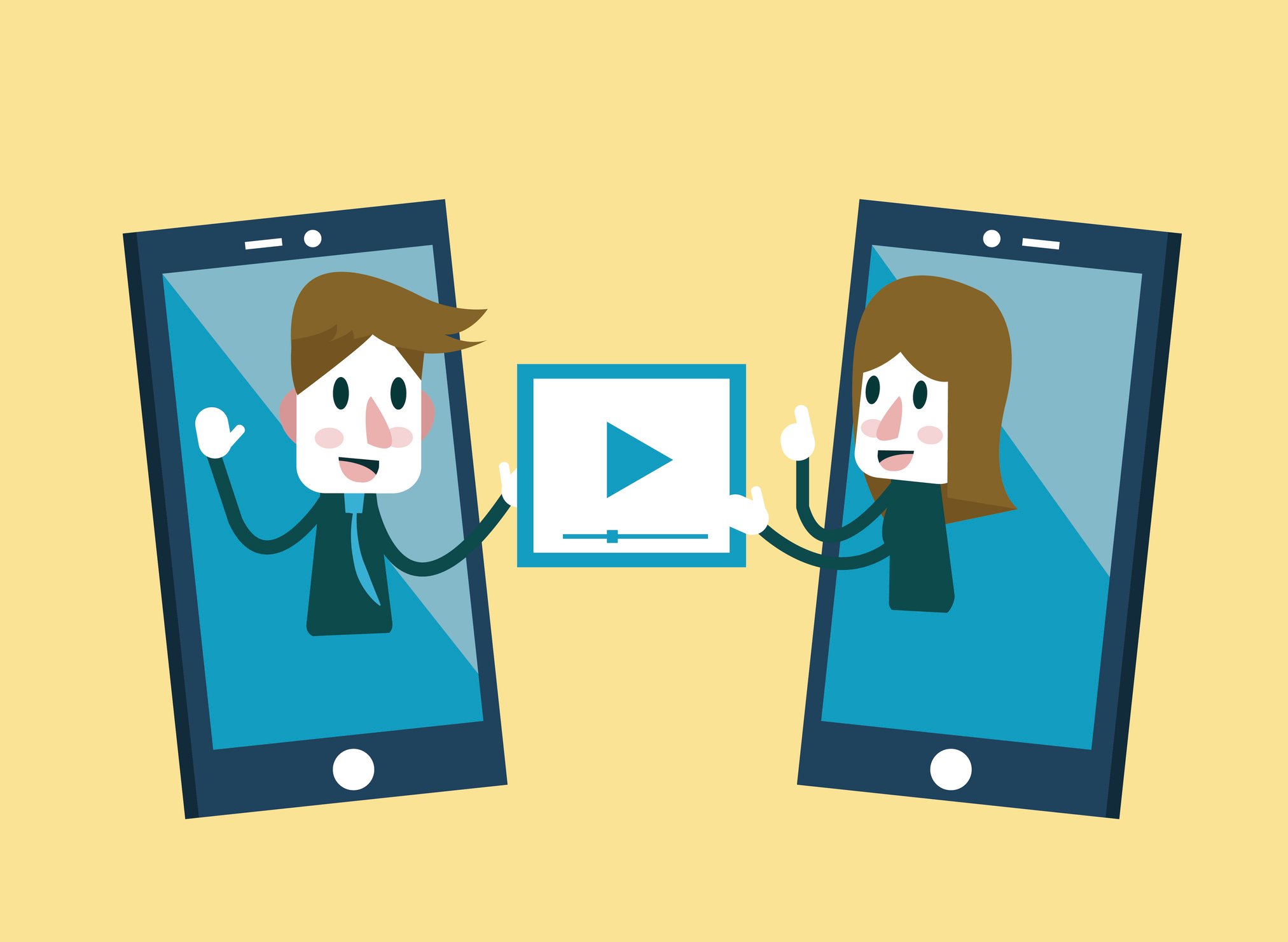 Man and woman sharing video clips via their smartphones.