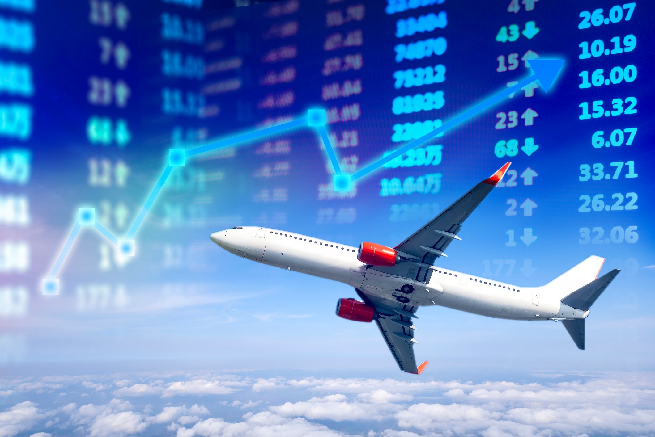 Plane flying with numbers and a chart overlaid.