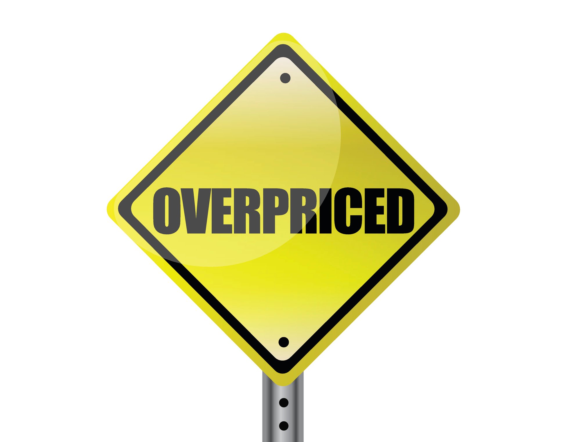 A yellow road sign with the word "overpriced" on it