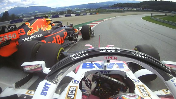 View from Formula 1 car during a race.