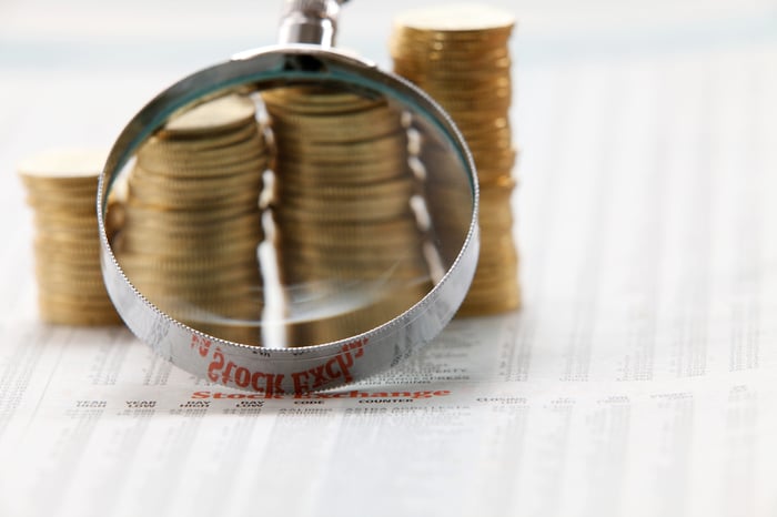 A magnifying glass laid against multiple stacks of coins that are seated atop a financial newspaper. 