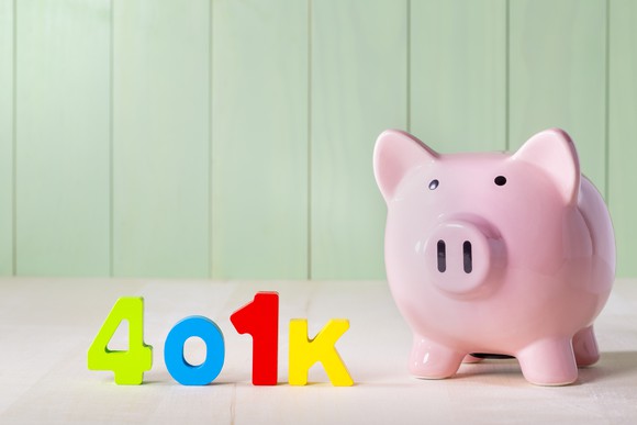 Piggy bank with colorful letters spelling out 401(k). 