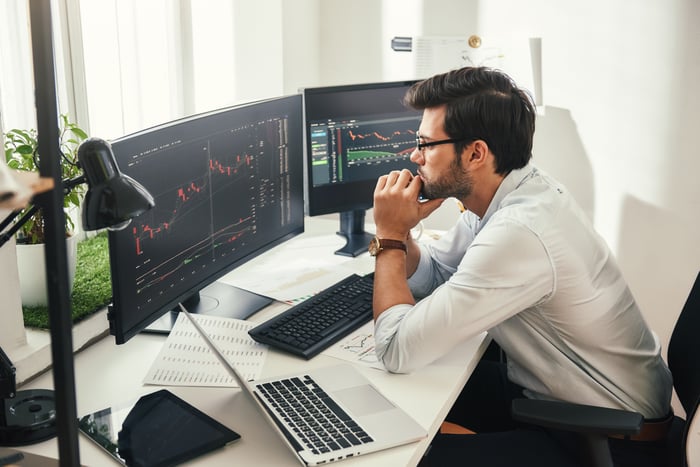 Stock investor looking at charts on computer.