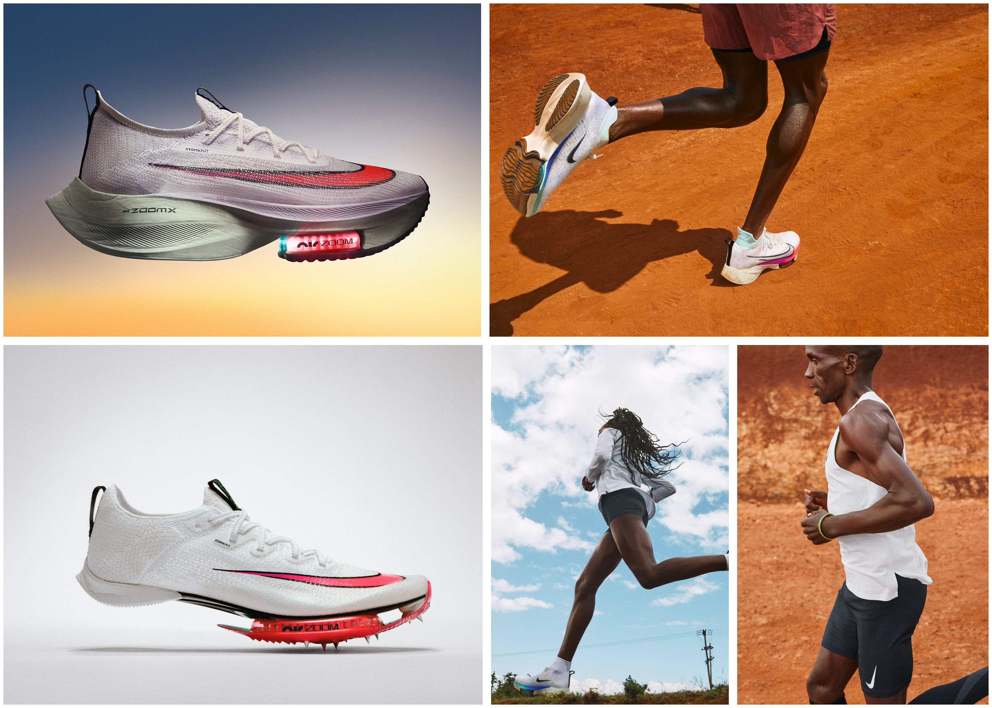 Nike running shoes shown next to a man and woman running in Nike footwear.