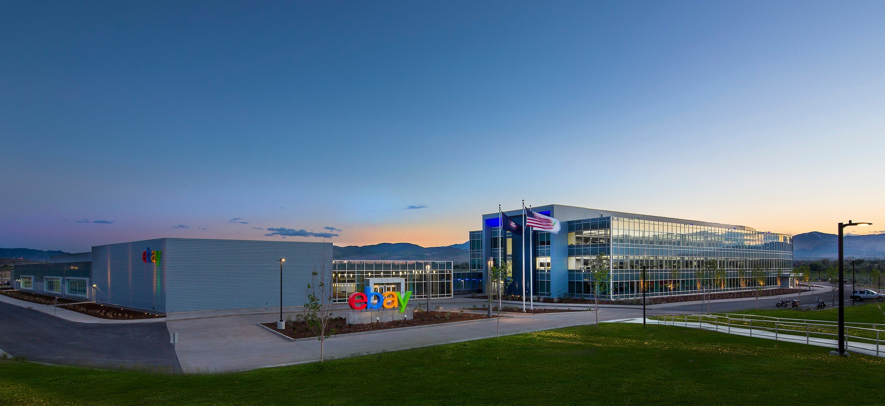 eBay logo in front of its headquarters. building in Utah.