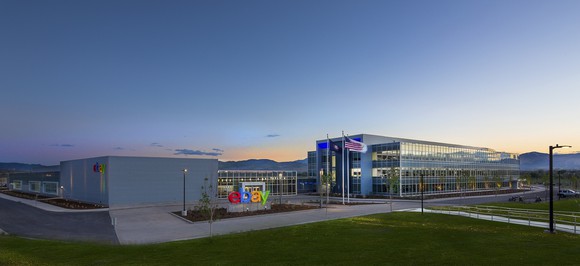 eBay logo in front of its headquarters. building in Utah.