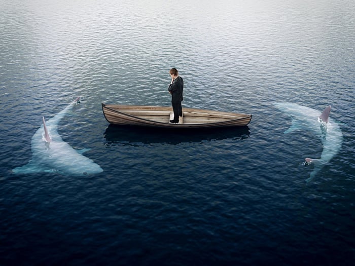 A person standing on a small boat as two sharks circle in the water.