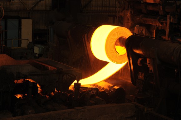 freshly produced hot rolled steel coil on mandrel 