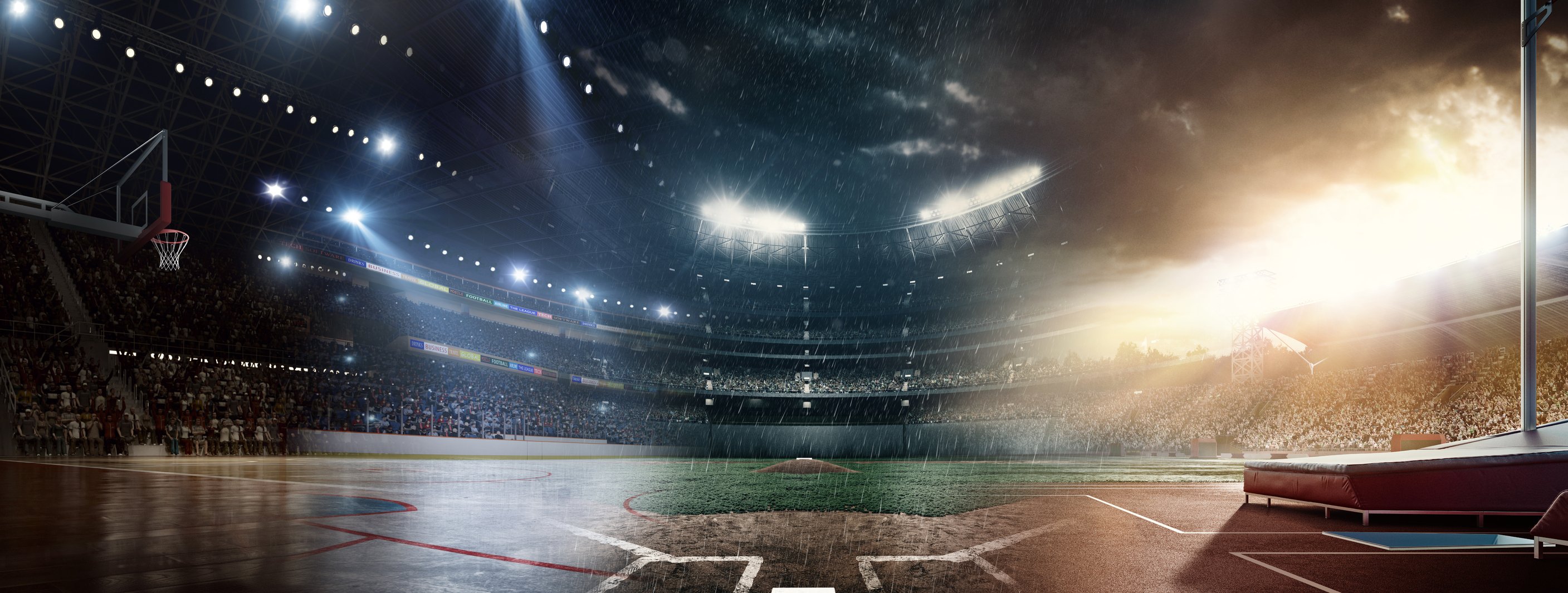 A basketball court, baseball field, and sports arena.