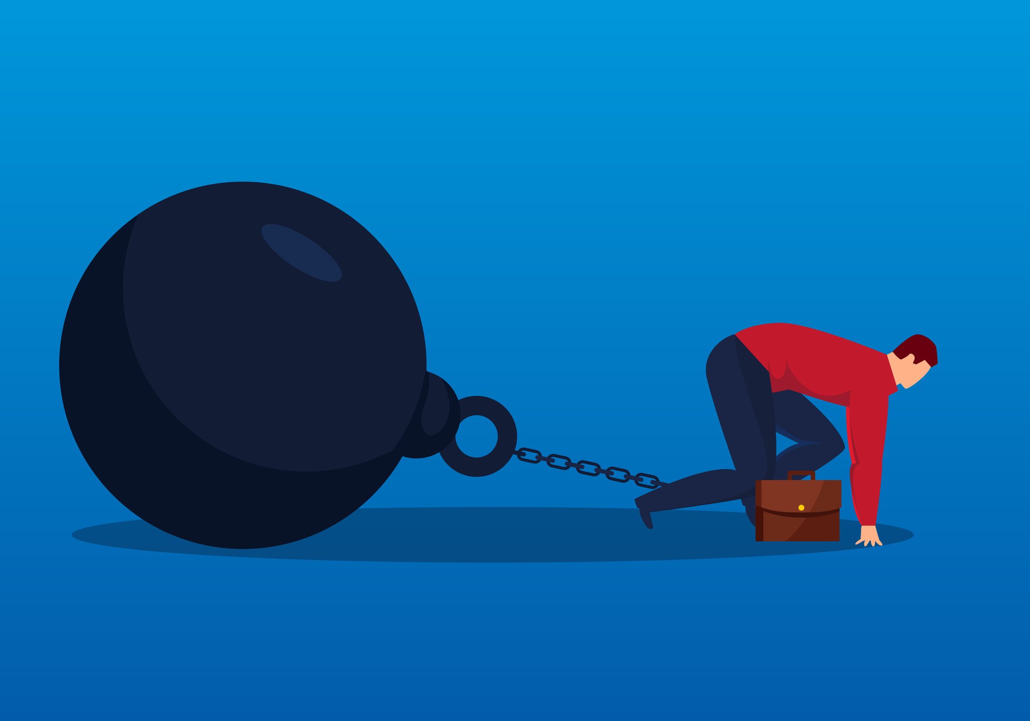 Businessman unable to start because he's held back by enormous ball and chain.