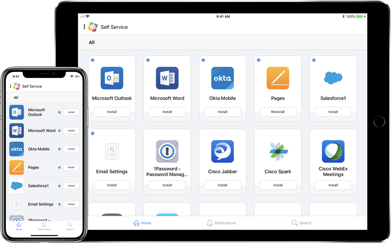 An iPhone and iPad displaying Jamf's management software.