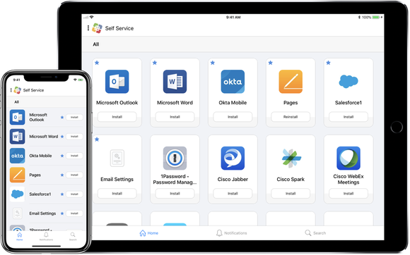 An iPhone and iPad displaying Jamf's management software.