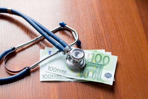 Stethoscope atop a sheaf of 100 euro notes.