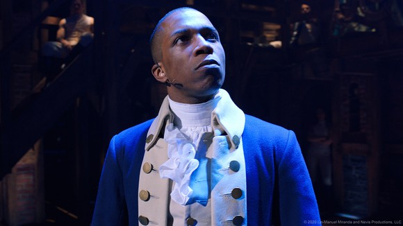A still of the live Broadway recording ofHamilton, with Leslie Odom Jr. as Aaron Burr.