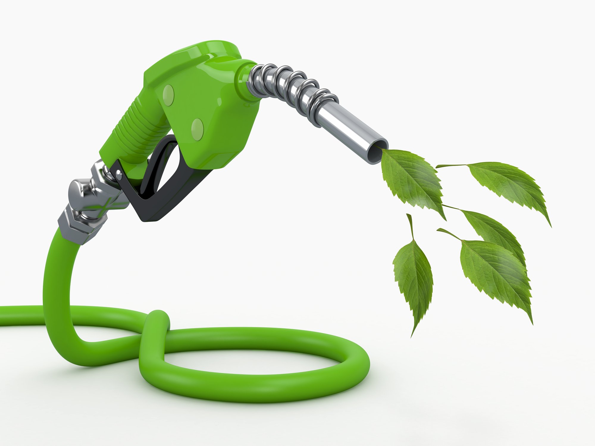 Green fuel pump with leaves exiting nozzle, indicating biofuel.