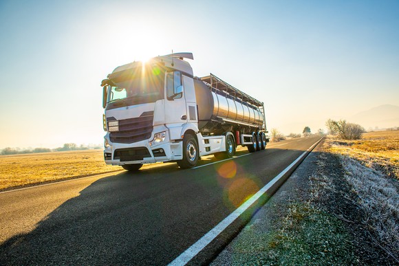 Natural gas truck driving on a highway. 