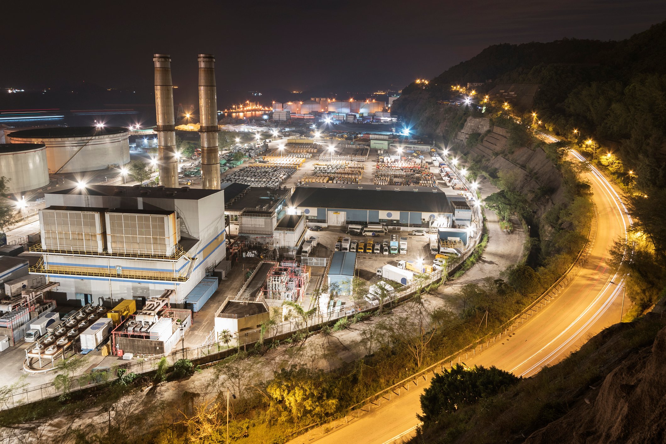 A power generating station at night.